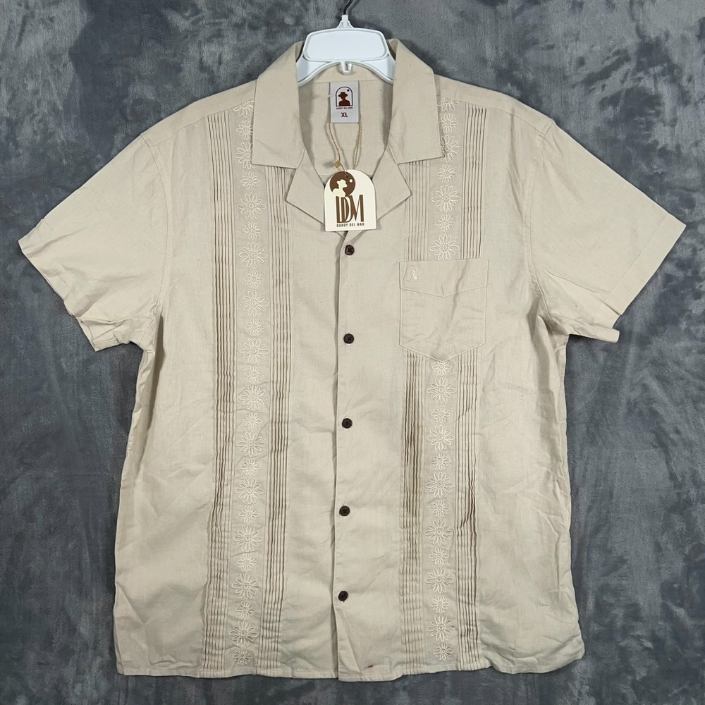 Dandy Del Mar Brisa Linen Shirt Mens XL New Beige Button Up Floral Short Sleeve